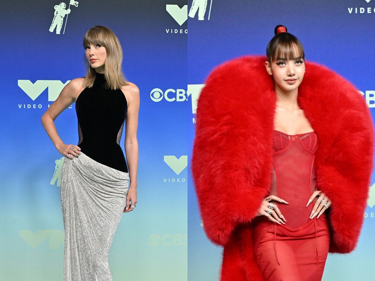 Taylor Swift in a Tamara Ralph gown, Lisa in faux-fur Quine Li coat,