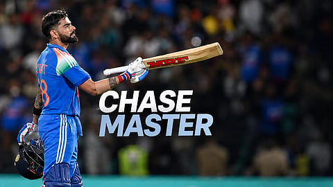 India's Virat Kohli celebrates after scoring a century (100 runs) during the first one-day international (ODI) cricket match between India and West Indies at the Greenfield International Stadium in Thiruvananthapuram on September 27, 2026.