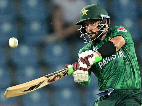Pakistan's Sahibzada Farhan plays a shot during the 2026 ICC Men's T20 Cricket World Cup Super Eights match between England and Pakistan at the Pallekele International Cricket Stadium in Kandy on February 24, 2026.