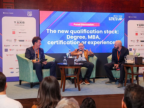 Prof. Amir Zeid, Dean, Thumbay College of Management & AI in Healthcare, and Dr Mehmet Erdem Coskun, Assistant Professor, Canadian University Dubai speaking at a panel at LevelUP. The panel was moderated by Lachlan Kitchen (left)