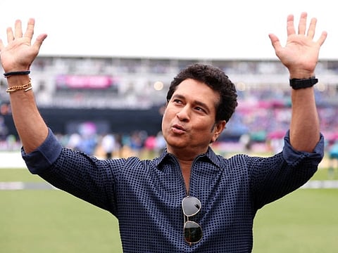 Former Indian Cricketer Sachin Tendulkar waves to the crowd prior to the ICC Men's T20 Cricket World Cup West Indies & USA 2024 match between India and Pakistan at Nassau County International Cricket Stadium on June 09, 2024 in New York, New York.