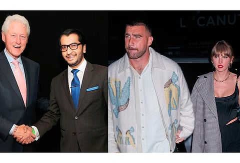 Combo photo: Siddharth ‘Sid’ Jawahar with former US president Bill Clinton (left); NFL star Travis Kelce, one of the investors victimised in Jawahar’s Ponzi scheme, with wife Taylor Swift.