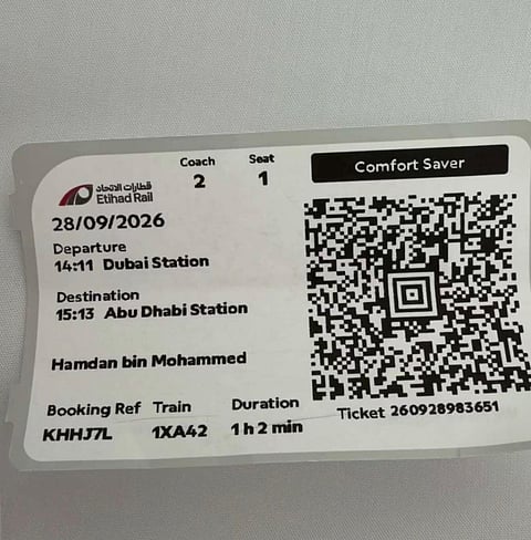 Sheikh Hamdan shares Etihad Rail ticket as Dubai-Abu Dhabi service nears launch