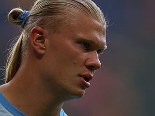 Manchester City's Norwegian striker #09 Erling Haaland warms up ahead of the English FA Community Shield football match between Arsenal and Manchester City at The Principality Stadium, in Cardiff, south Wales on August 16, 2026.