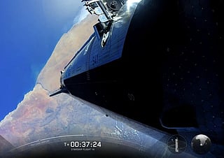 This screen grab from a SpaceX live webcast shows SpaceX’s Starship Flight 14 deploying Starlink V3 satellites into orbit on March 6, 2025.