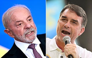This combination of file pictures created on Setember 29, 2026, shows Brazil's President Luiz Inacio Lula da Silva at the Planalto Palace in Brasilia on September 16, 2026; and Brazil's right-wing Presidential candidate Flavio Bolsonaro at the Maracanazinho gymnasium in Rio de Janeiro, Brazil, on August 22, 2026.