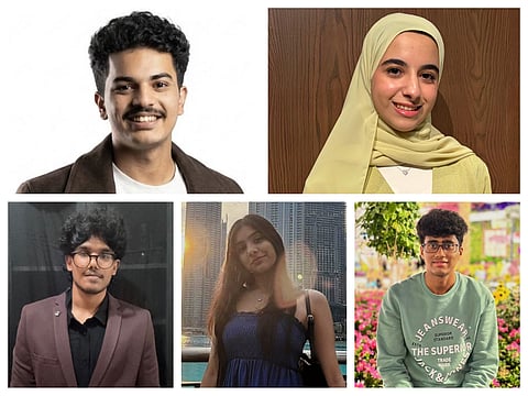Clockwise from top left: Mizhab Shajahan, Afra Almesmar, Bashaar Irfan Naik, Tia Pankaj Jagasia, and Gogulnath Dhayalan