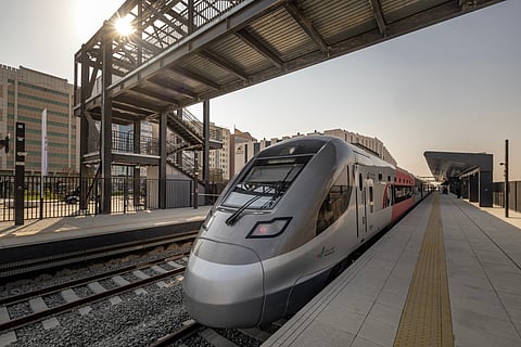 An Etihad Rail train arrives at Dubai's Yalayis station on September 29, 2026, during the inaugural passenger service connecting from Abu Dhabi's Mohamed Bin Zayed City station to Dubai.