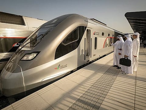 Etihad Rail train at Mohamed bin Zayed City station.