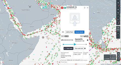 The last known location of crude oil tanker M/T Honour 25 off the coast of Somalia, as per Marine Traffic data. Five crew members (three from Pakistan, one from India, and one from Myanmar) were reportedly executed by pirates before the Puntland Maritime Police Force reclaimed the vessel, which led to the capture of 16 pirates.