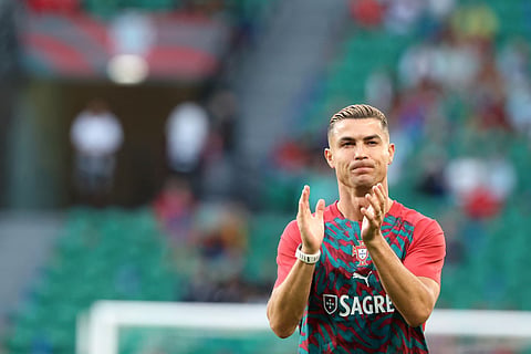 Portugal's forward #07 Cristiano Ronaldo warms up ahead of the UEFA Nations League league phase group A4 football match between Portugal and Wales at Jose Alvalade stadium in Lisbon on September 24, 2026.