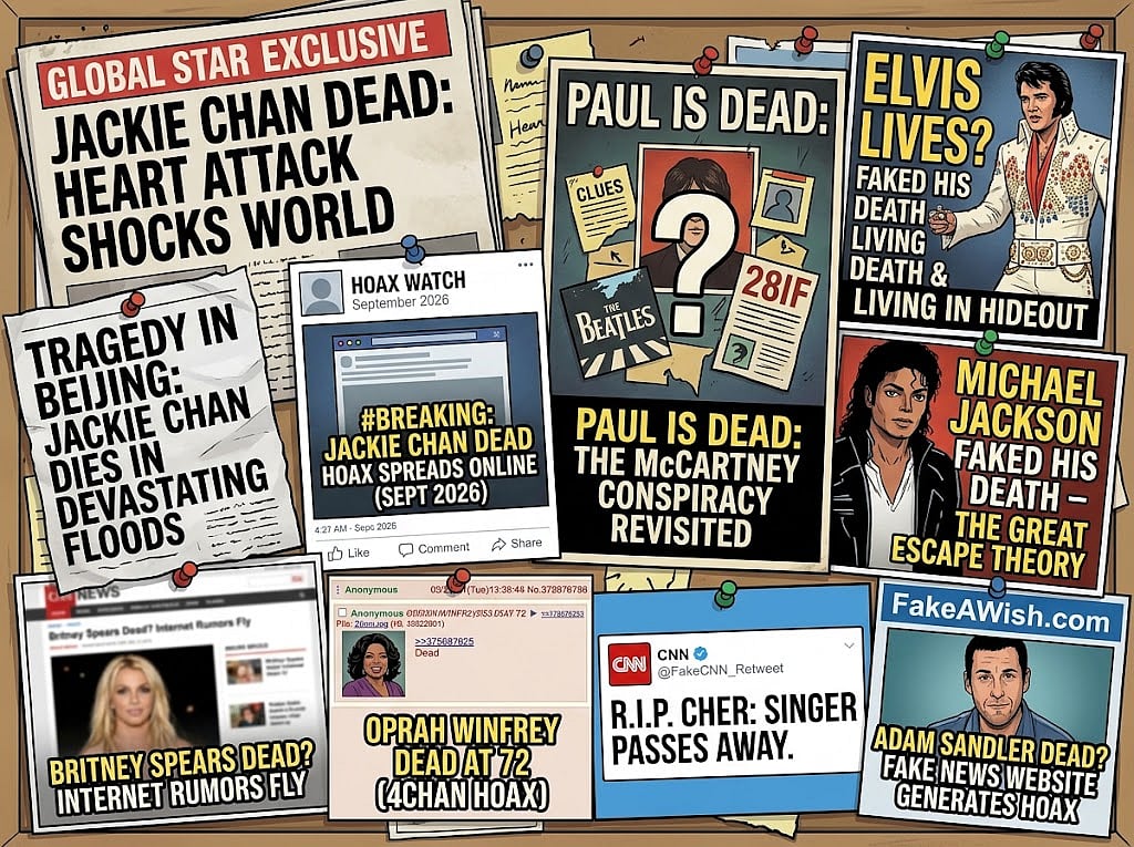 Martial arts legend Jackie Chan leads the pack of celebrities and global stars subjected to fake news that announced their untimely "death".