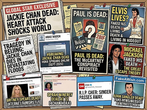 Martial arts legend Jackie Chan leads the pack of celebrities and global stars subjected to fake news that announced their untimely "death".
