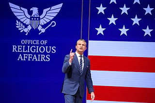 Secretary of War Pete Hegseth announces a new Office of Religious Affairs as he gives a State of the Force address at Marine Corps Base Quantico on September 30, 2026 in Quantico, Virginia.