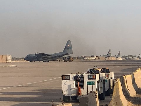 A US military transport aircraft stands at Camp Victory near Baghdad International Airport in Baghdad, Iraq for withdrawal of troops.