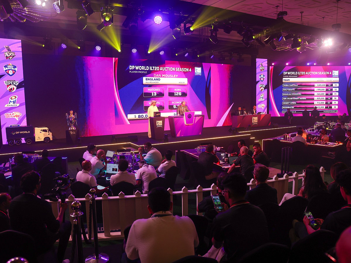 Richard Madley conducting the DP World ILT20 auction. Photo: Virendra Saklani/Gulf News
