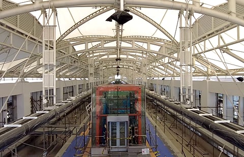 An elevator that brings passengers to the train platform being installed at a station of the North-South Commuter Railway, a 147-km electrified train that will connect New Clark City in Pampanga, Metro Manila (16 cities and one municipality) and Calamba, in Laguna, Philippines.