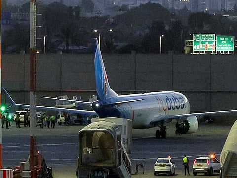 A plane carrying passengers from the FlyDubai flight bound for Israel from the UAE, which was diverted to Saudi Arabia following an emergency signal, arrives at Ben Gurion International Airport in Lod, near Tel Aviv, Israel. 