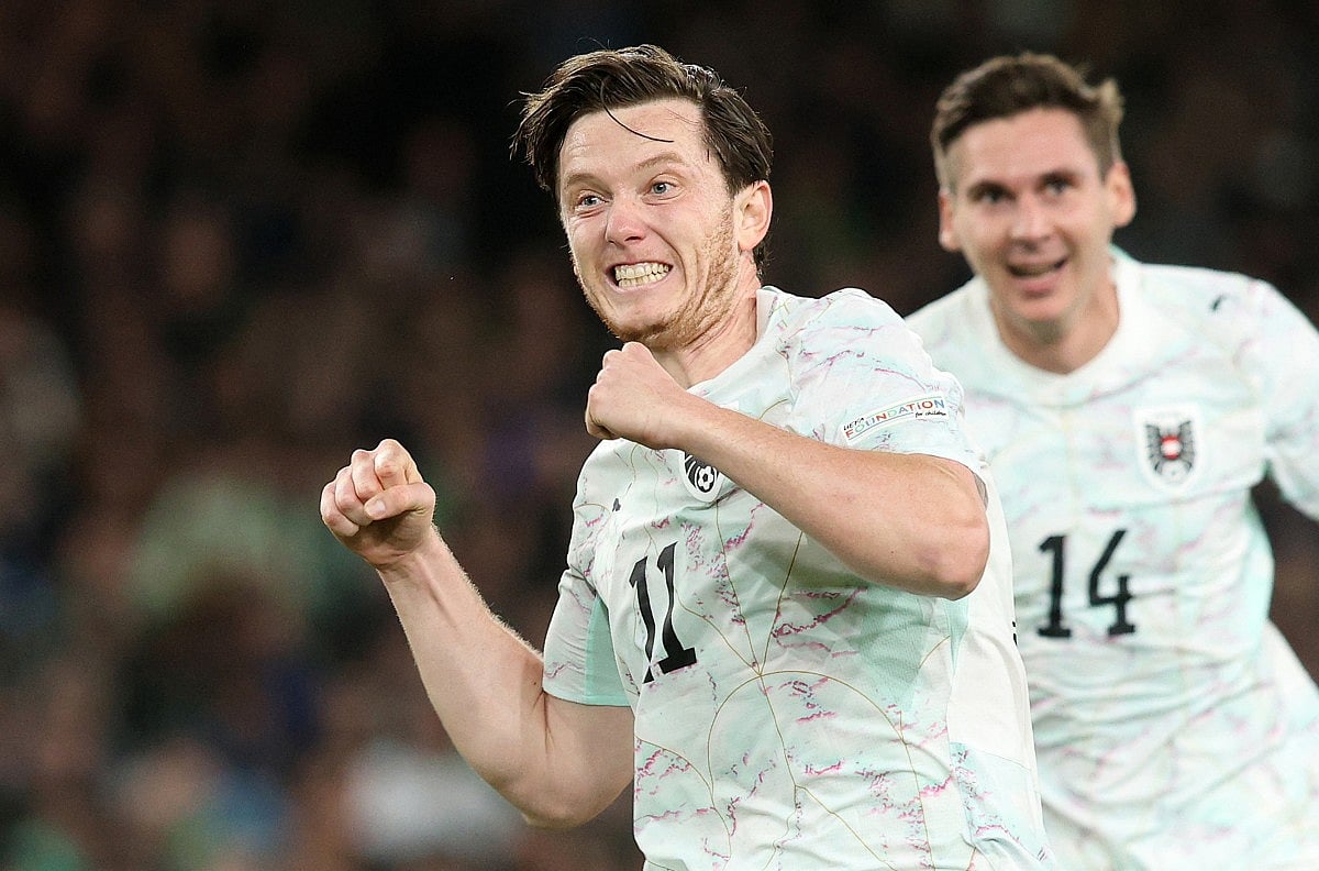 Austria's forward #11 Michael Gregoritsch celebrates scoring the team's second goal during their UEFA Nations League, League B - Group 3, football match between Republic of Ireland and Austria at the Aviva Stadium in Dublin, Ireland on October 1, 2026.