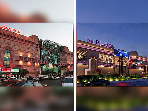 Lamcy Plaza in Dubai, pictured in its former incarnation and in a visualisation of its planned transformation into The Plaza.
