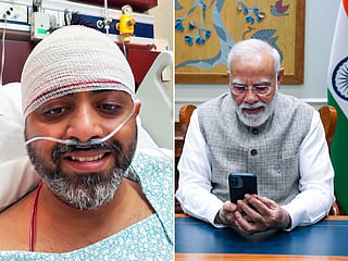 Prime Minister Narendra Modi virtually speaks to Captain Smit Machchhar, who saved hundreds of lives aboard a flydubai flight to Tel Aviv, in New Delhi on Friday. The pilot is undergoing treatment in Saudi Arabia's Tabuk for injuries sustained in a mid-air attack.