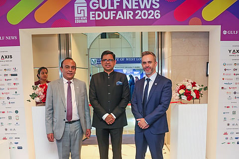 From left to right: Vijay Vaghela, CEO of Gulf News; Dr. Emmadi Vishnu Vardhan Reddy, Consul General of India to Dubai and the Northern Emirates; and Mark Thompson, Editor-in-Chief of Gulf News