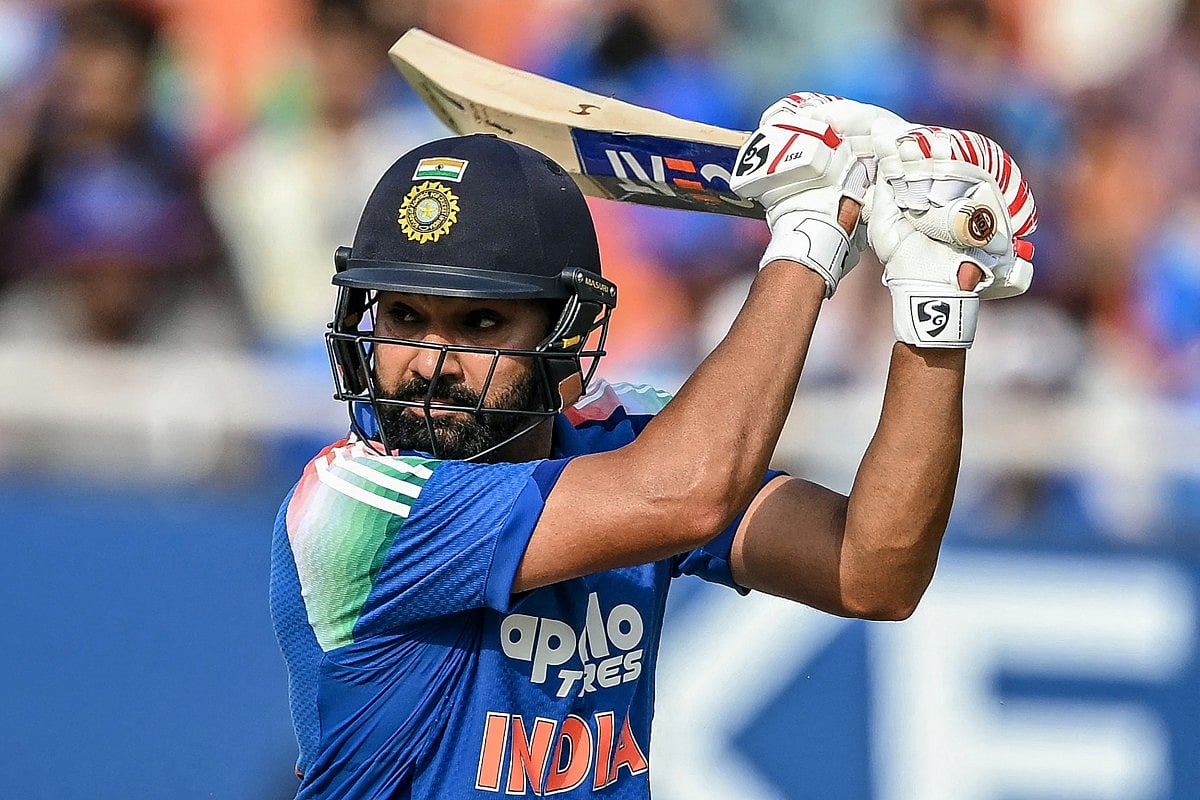 India's Rohit Sharma watches the ball after playing a shot during the third one-day international (ODI) cricket match between India and West Indies at the Maharaja Yadavindra Singh International Cricket Stadium on the outskirts of Chandigarh on October 3, 2026.