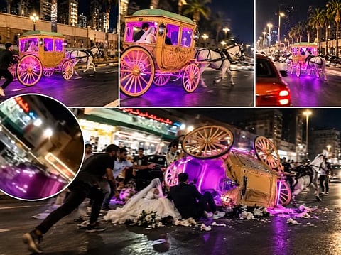 According to accounts accompanying the footage, the unexpected ride ended when the carriage overturned with the couple inside.
