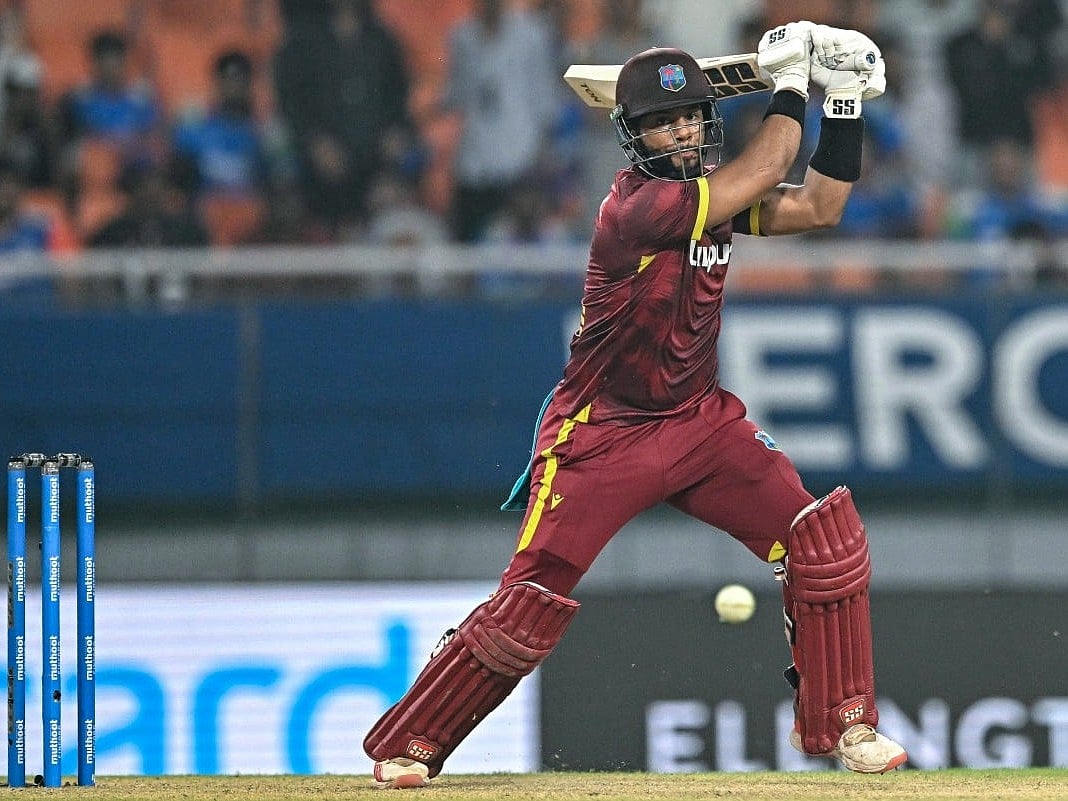 West Indies' captain Shai Hope plays a shot during the third ODI against India at the Maharaja Yadavindra Singh International Cricket Stadium on the outskirts of Chandigarh on October 3, 2026.
