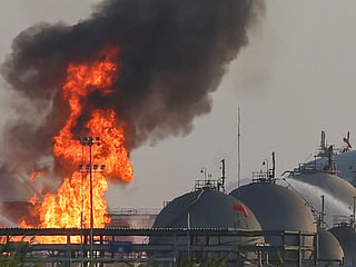Flames burn at a facility belonging to Saudi oil giant Aramco south of Riyadh on October 3, 2026.