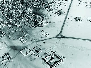 Aerial view of Qasr Al Hosn and the surrounding area of Abu Dhabi in the 1950s, showing the emirate before the oil boom transformed the city.