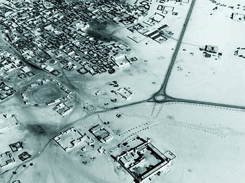 Aerial view of Qasr Al Hosn and the surrounding area of Abu Dhabi in the 1950s, showing the emirate before the oil boom transformed the city.