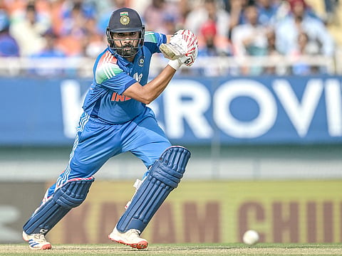 India's Rohit Sharma watches the ball after playing a shot during the third ODI against West Indies at the Maharaja Yadavindra Singh International Cricket Stadium on the outskirts of Chandigarh on October 3, 2026.