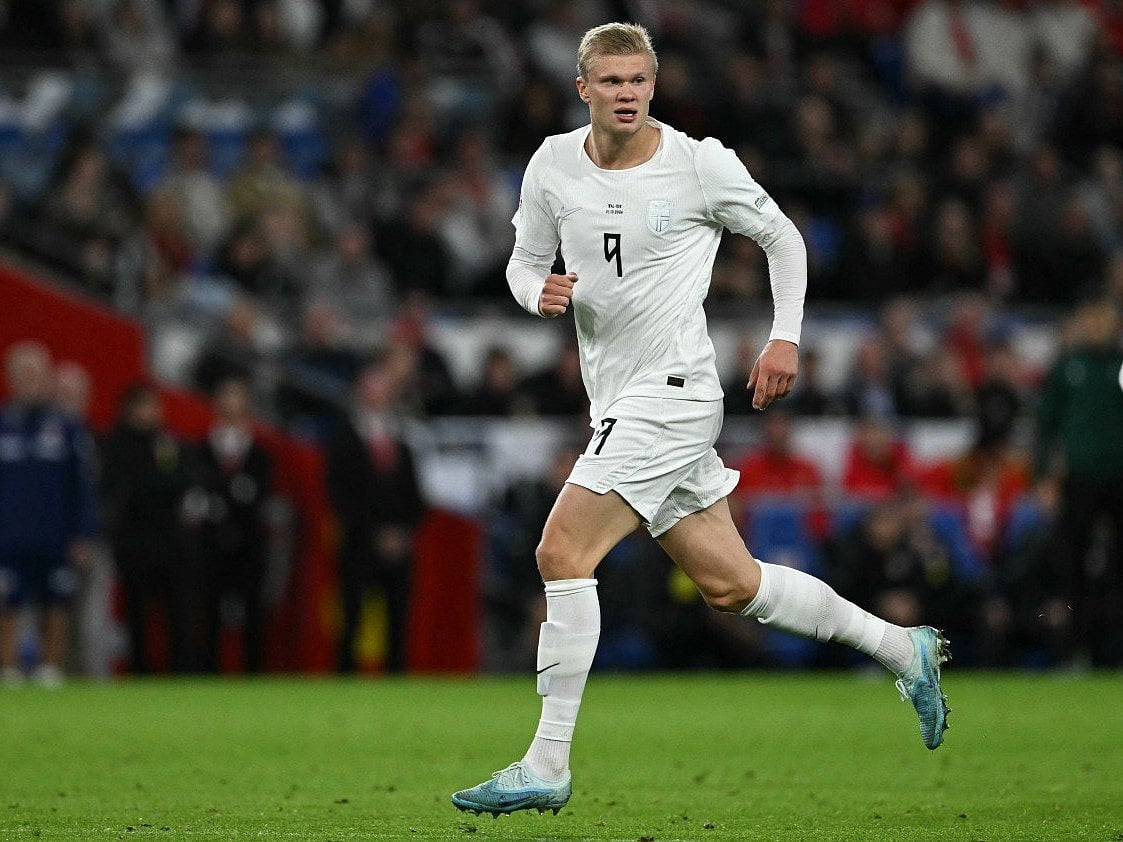 Norway's forward Erling Haaland runs during the UEFA Nations League, league A, group 4 football match between Wales and Norway, at the Cardiff City Stadium, in Cardiff, on October 1, 2026.