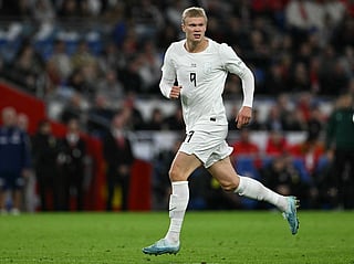 Norway's forward Erling Haaland runs during the UEFA Nations League, league A, group 4 football match between Wales and Norway, at the Cardiff City Stadium, in Cardiff, on October 1, 2026.