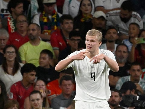 Norway's forward #09 Erling Haaland asks for substitution during the UEFA Nations League Group 4 football match between Portugal and Norway at Dragao stadium in Porto on October 3, 2026.
