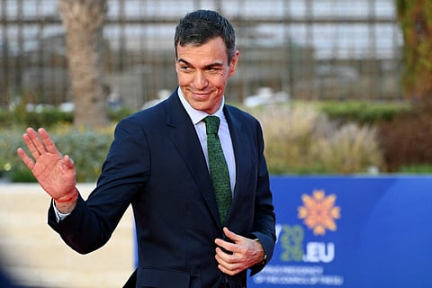 Spain's Prime Minister Pedro Sanchez gestures upon his arrival ahead of an informal meeting of the European Council, in Ayia Napa on April 23, 2026.