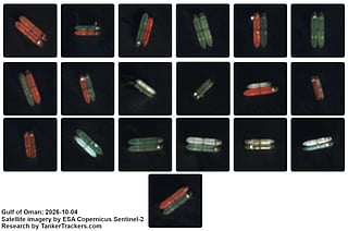 The European Space Agency’s (ESA) Sentinel-2, high-resolution imagery satellite, captured a surge in ship-to-ship transfers off Oman and Fujairah in the UAE on October 4, 2026.
