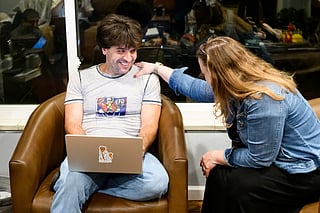 Karl Deisseroth, one of the three recipients of the 2026 Nobel Prize in medicine, talks to his wife Michelle Monje-Deisseroth at home Monday, Oct. 5, 2026, in Stanford, California.