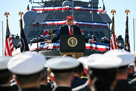 The USS Billings (LCS 15), a Freedom-variant littoral combat ship, is seen as members of the US Navy listen as President Donald Trump speaks at Anduril Industries in Sparrows Point, Maryland, on October 6, 2026.