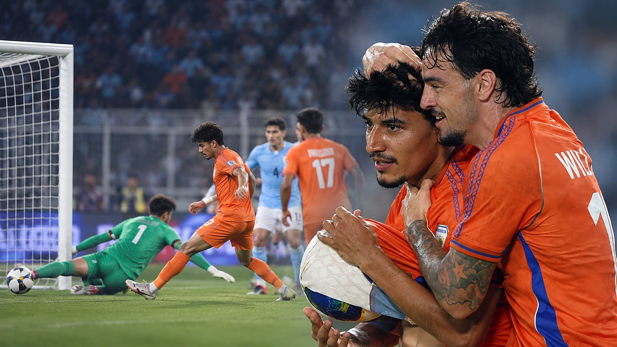 Anirudh Thapa celebrates after scoring India’s equaliser against Uruguay in Kolkata before the match was suspended due to lightning.