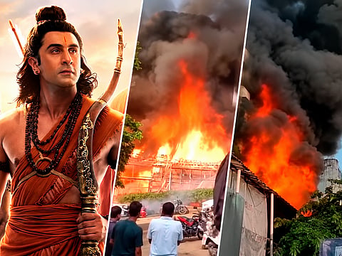 Ranbir Kapoor as Lord Rama in ‘Ramayana’ and flames seen near the film’s Mumbai shooting location after a fire broke out at a tent outside Prime Focus Studios. No injuries were reported.