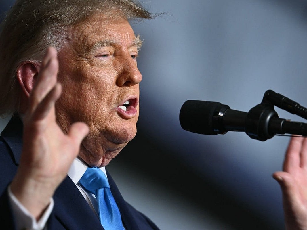 US President Donald Trump speaks during a campaign rally at Pinnacle Bank Expo Center in Grand Island, Nebraska, on October 5, 2026.