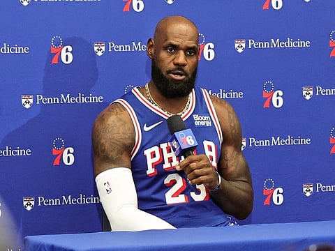 LeBron James #23 of the Philadelphia 76ers talks to the media during NBA media day on September 28, 2026 at the Philadelphia 76ers Training Complex in Camden, New Jersey.