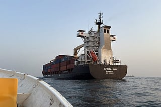 A container ship anchored near the Strait of Bab Al Mandab off Yemen’s coast in the Gulf of Aden on August 6, 2026.