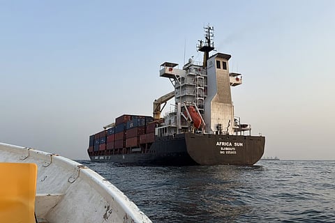 A container ship anchored near the Strait of Bab Al Mandab off Yemen’s coast in the Gulf of Aden on August 6, 2026.