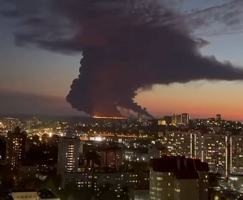 A Liberia-flagged Aframax oil tanker named the 'Aframax Rio' caught fire in the Black Sea near the Russian resort city of Sochi after a suspected attack by Ukrainian uncrewed sea drones. The incident, which occurred on October 6, 2026, sent massive columns of black smoke and bright orange flames into the sky, visible from the shoreline.