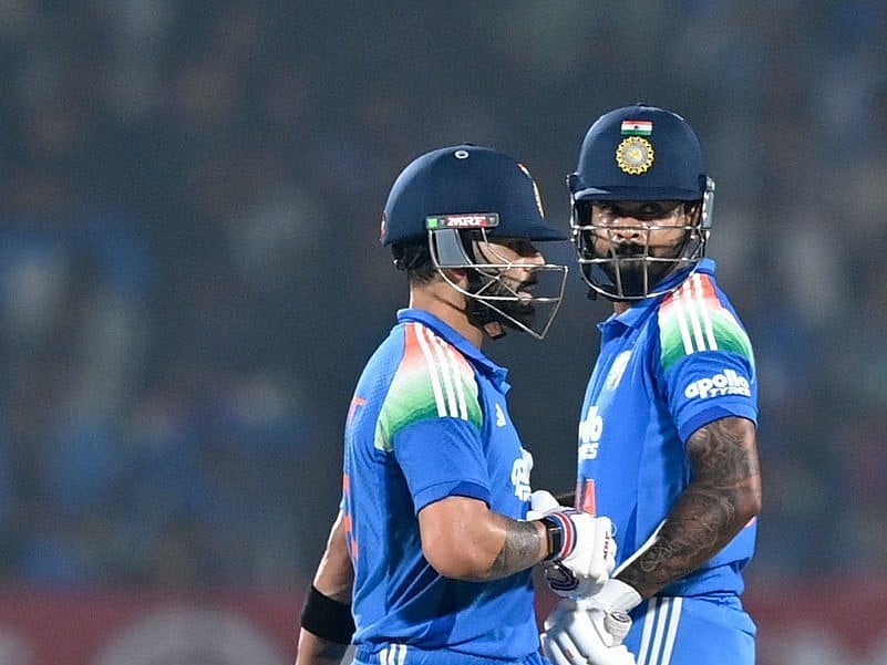 India's Virat Kohli (L) and Shreyas Iyer gesture during the first one-day international (ODI) cricket match between India and New Zealand at the Kotambi Stadium in Vadodara on January 11, 2026.