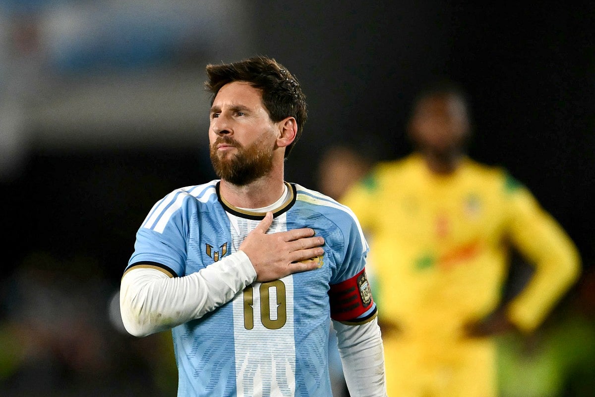 Argentina's forward #10 Lionel Messi celebrates scoring his team's third goal during the international friendly football match between Argentina and Benin at the Mas Monumental stadium in Buenos Aires on October 6, 2026.