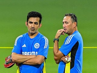 India's new head coach Gautam Gambhir and chief selector Ajit Agarkar watch Indian team's practice session.